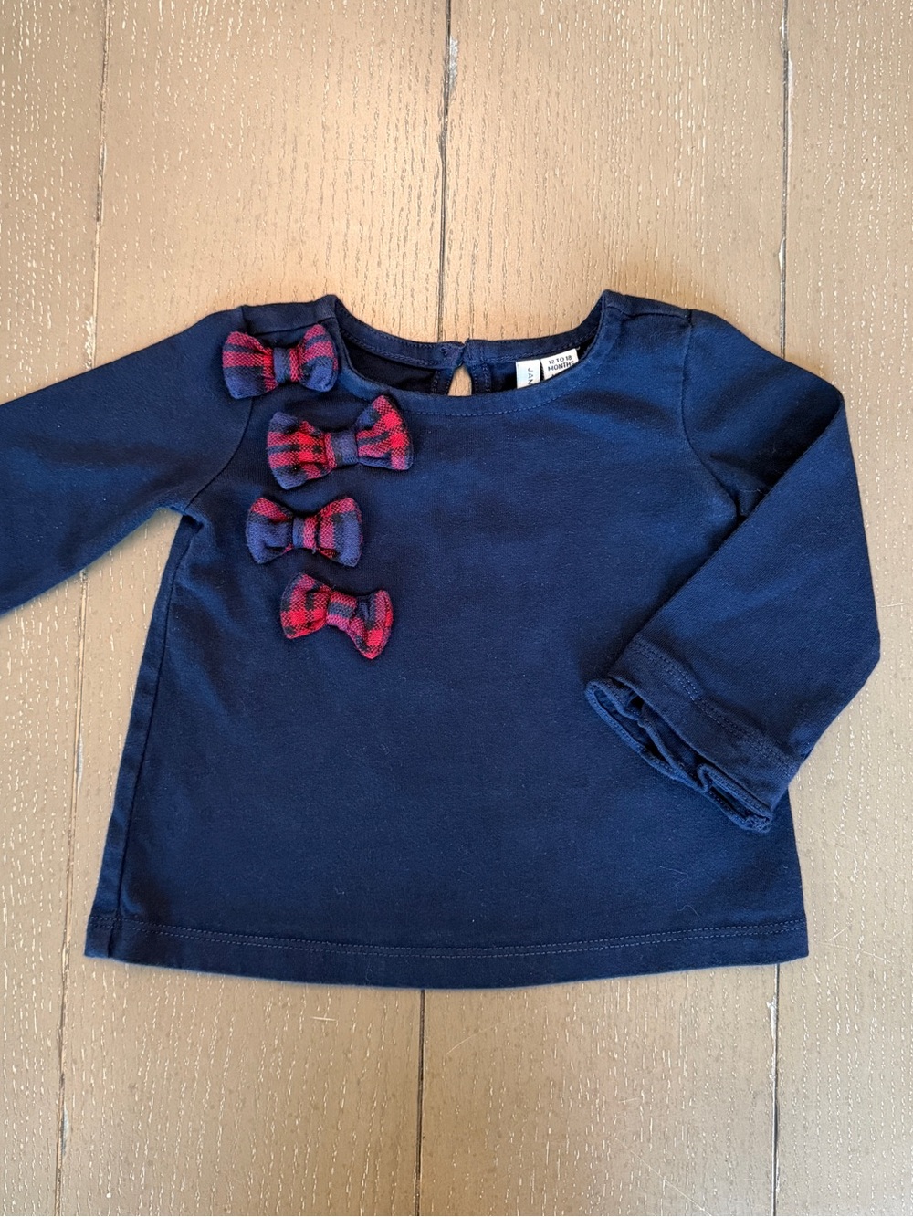 Janie and Jack Girls’ Cute Long-Sleeve Navy Shirt with Plaid Bows • Size 12-18M